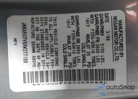 1999 Nissan Pathfinder Le/Se/Xe from USA, damaged, VIN JN8AR07Y6XW377188